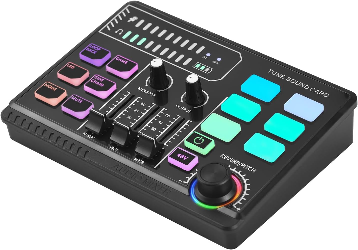 Btuty Gaming Audio Mixer 48V Phantom Power Audio Interface RGB Light BT Plug and Play Desktop Singing Sound Card Mixer for Live Streaming Podcasting Content Create Gaming Rechargeable