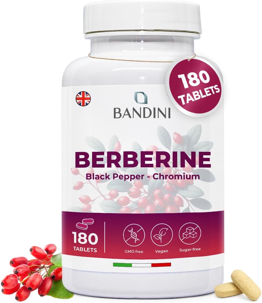 Bandini® Berberine Pure High Dosage | 180 Vegan Tablets - Berberin HCl from Berberis Aristata 97% + Chromium and Black Pepper | Maximum Absorption - Digestive, Liver, intestinal Function