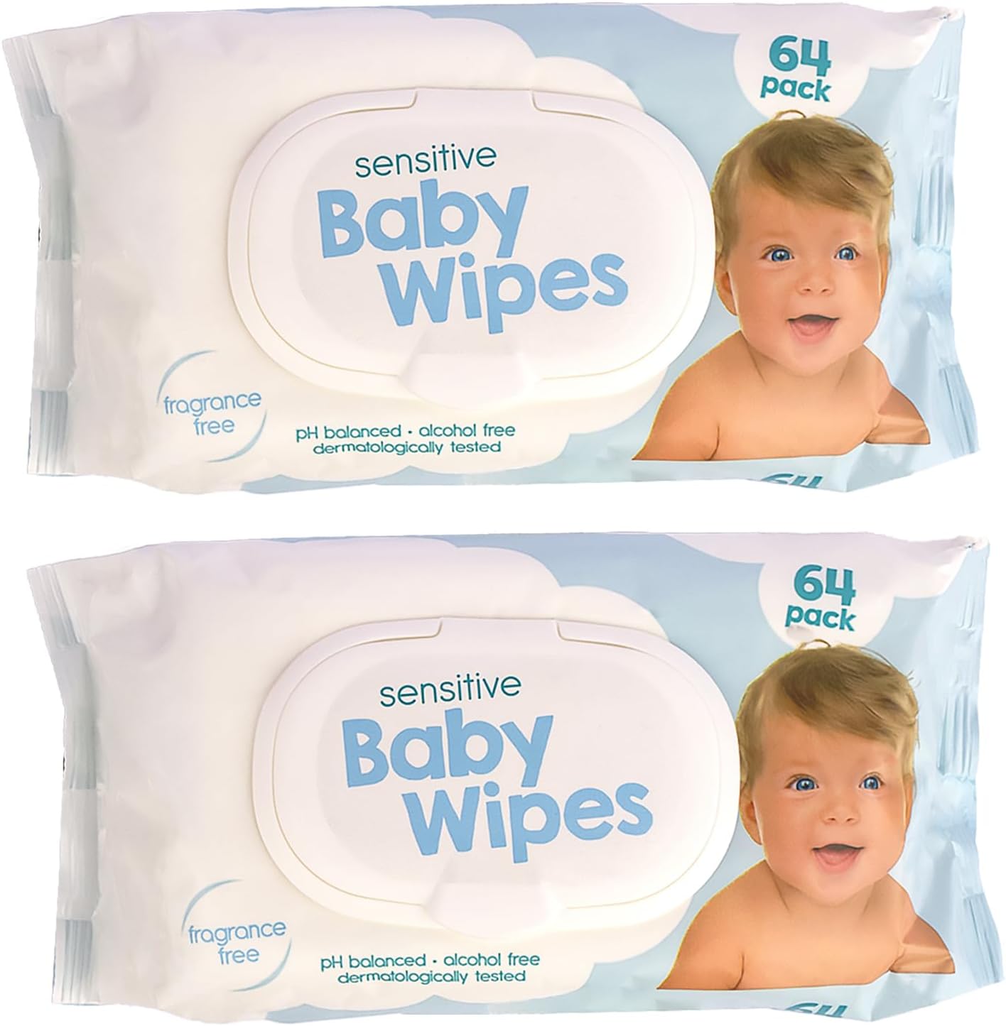 128pcs Sensitive Baby Wipes - Unfragranced, Dermatology Tested, Alcohol Free, pH Balanced, Soft and Gentle, 2pk