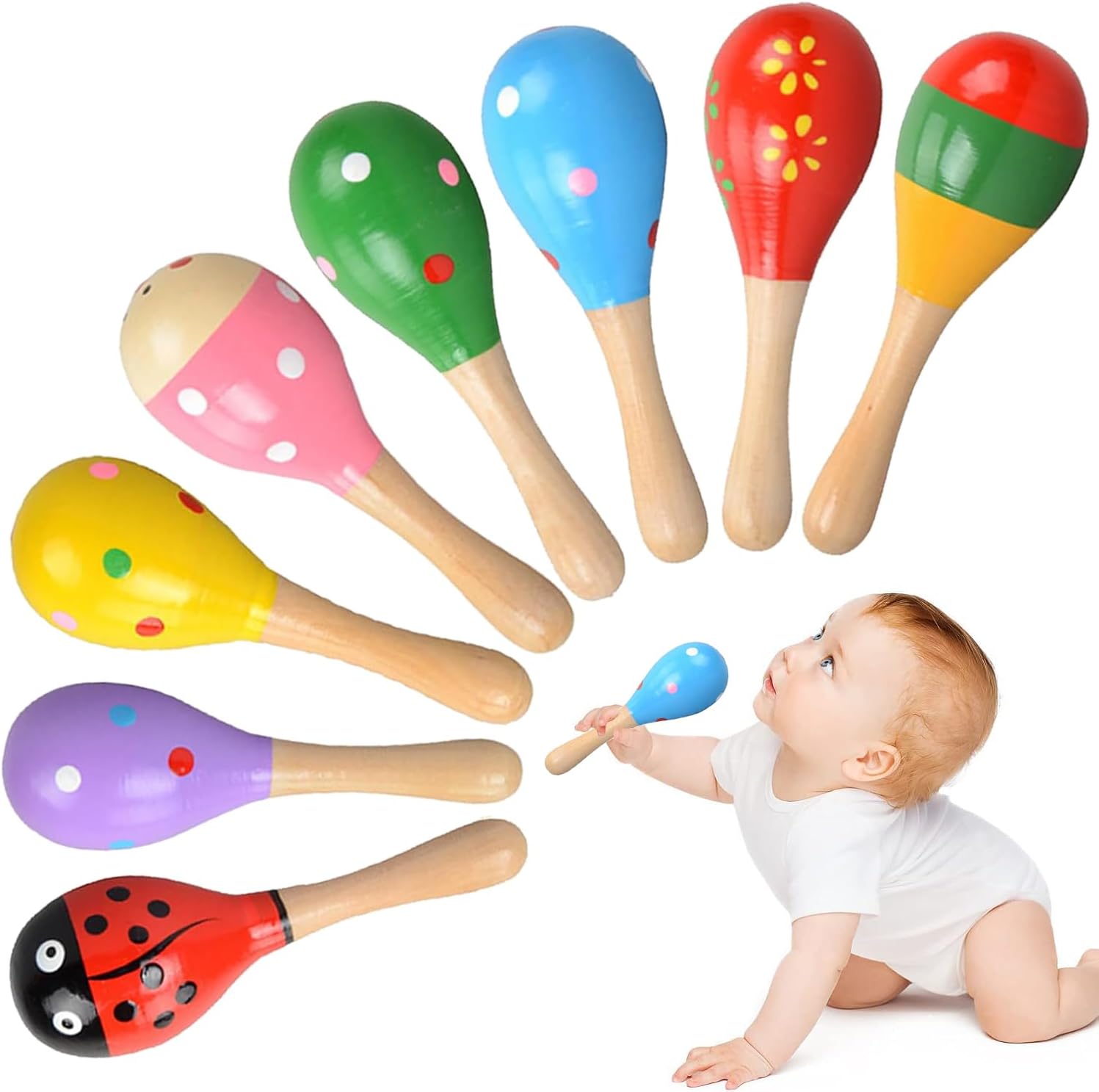 4 Pcs Wooden Baby Maracas, Baby Musical Instrument, Colorful Shakers Maracas Baby, Baby Maracas Baby Sensory for Parties, Homes, Schools, Performances, Entertainment, Classroom Prize Supplies
