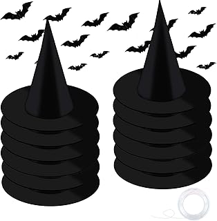 XMOSNZ 12Pcs Halloween Witch Hats Black Hanging Halloween Costumes with 16Pcs 3D Halloween Bats Wall Decor Stickers and 328Ft Fishing Line for Halloween Decorations Outdoor Cosplay Party Decoration