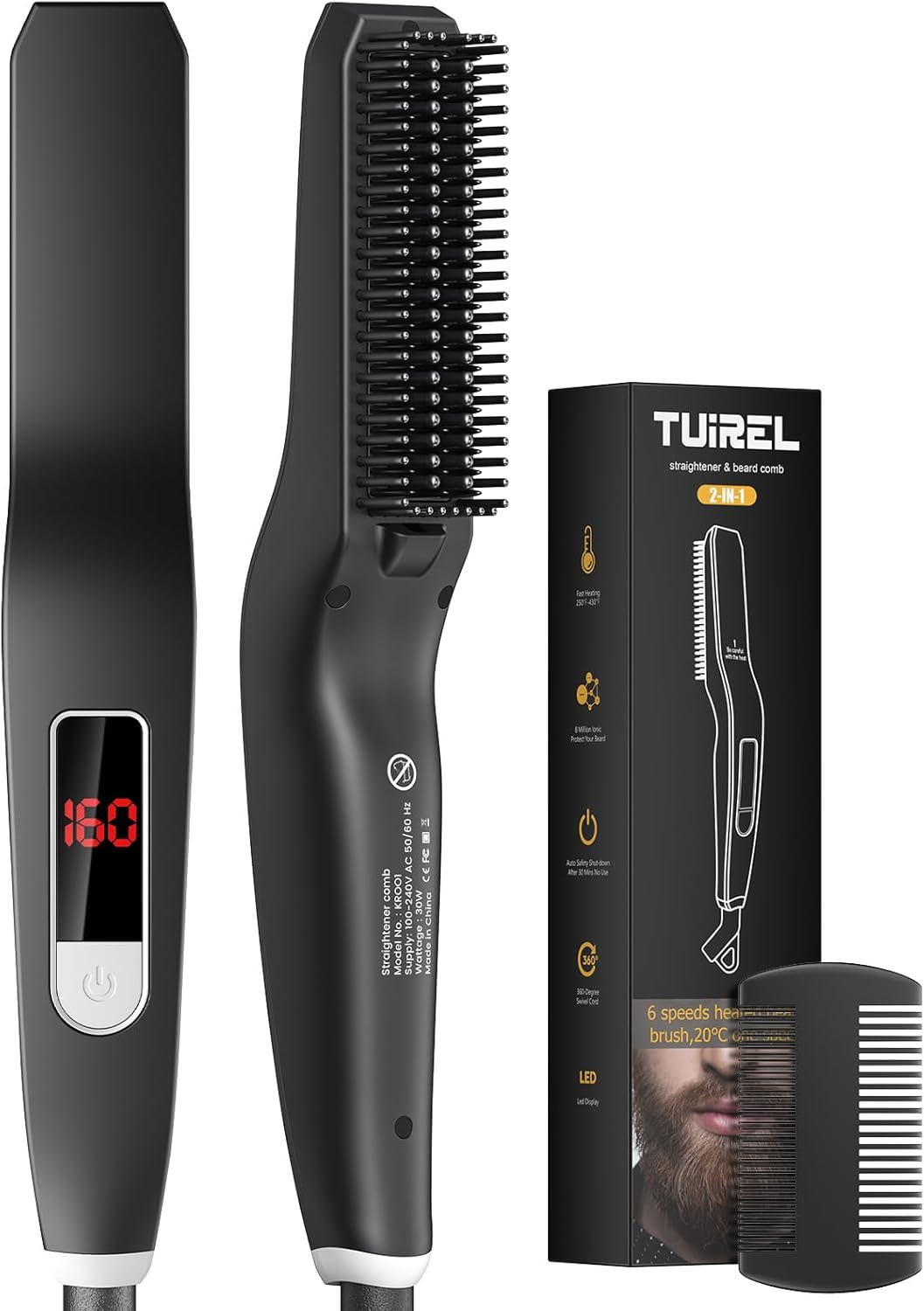Beard Straightener for Men, 2 in 1 Heated Beard Brush, 6 Temperature Settings LCD Display Anti-scalding Hot Comb for Beard Care Kit for Men Gifts Set