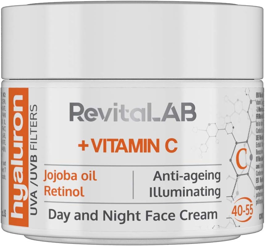 RevitaLAB Hyaluron Anti-Ageing Day and Night Cream, Enriched with Vitamins A, B3, B5, E, C, Jojoba Oil and UV Filters, for Ages 40 – 55, 50 ml