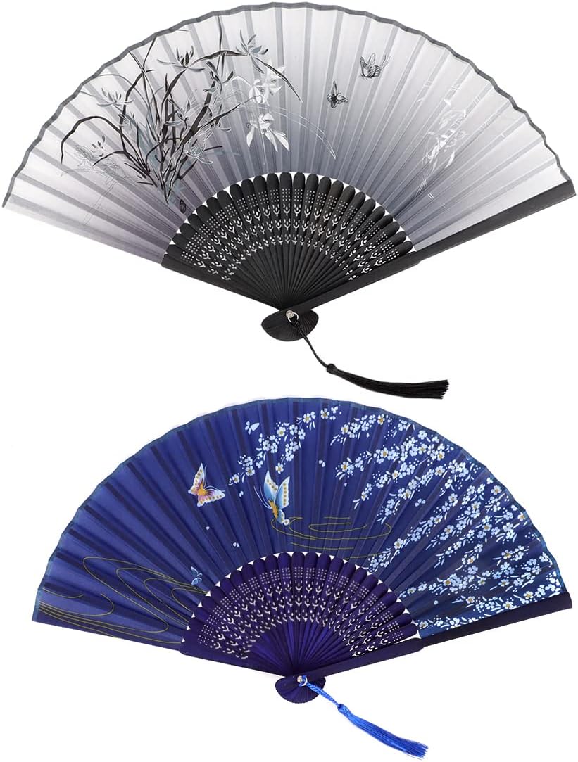 CRITIVE-SHOP Hand Fan Folding Set of 2 - Folding Fan for Women -Handheld Fan Folding Antique with Tassels for Gifts -Bamboo Silk chinese fan for Decoration, Music Festival, Dance, Party, Performance