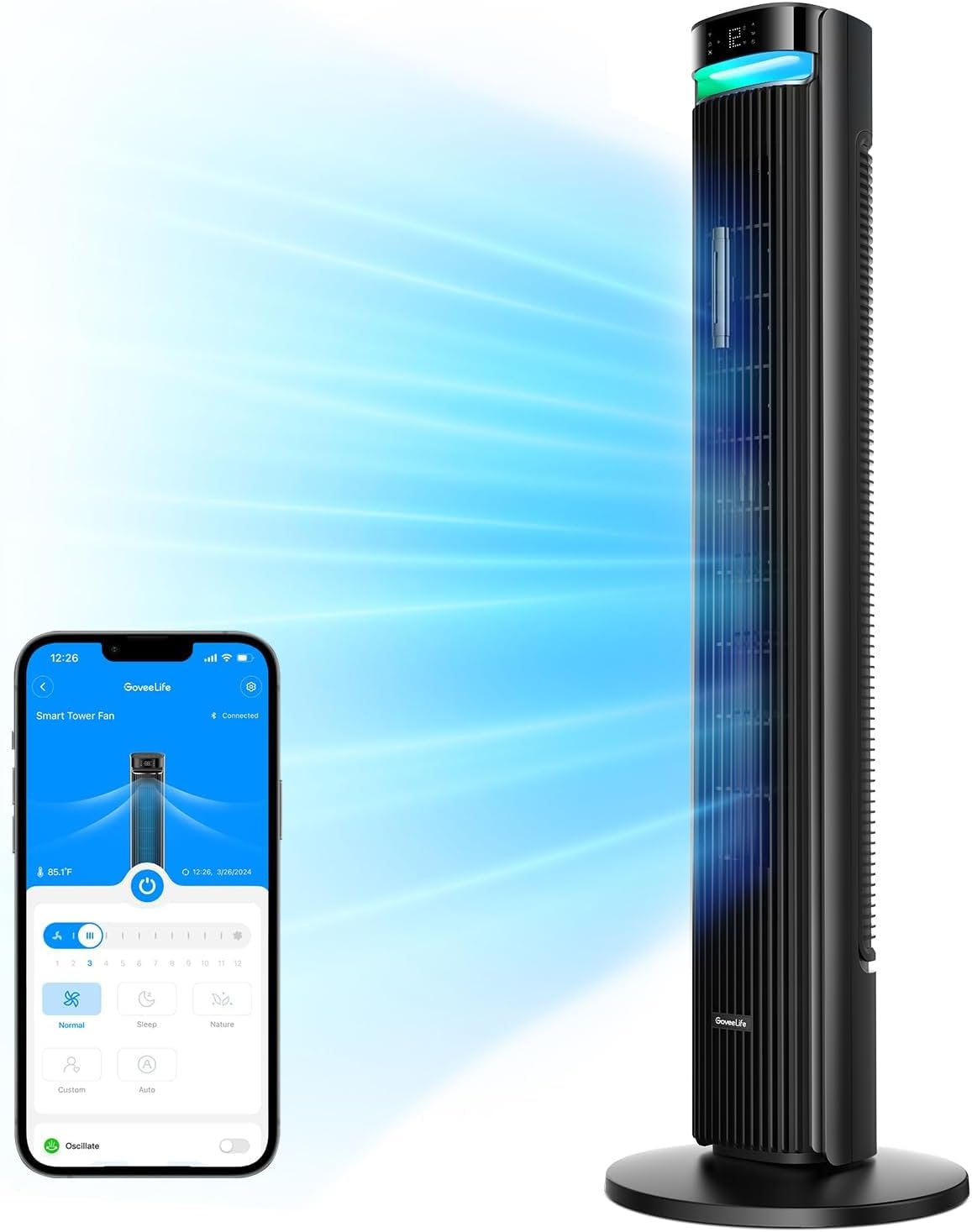 GoveeLife 42'' Tower Fan for Bedroom, Smart Floor Fans with 150° Adjustable Oscillating, APP & Voice Control, 5 Modes 12 Speeds up to 26ft/s, 24H Timer, 27dB Quiet Fan for Cooling Home Office Black