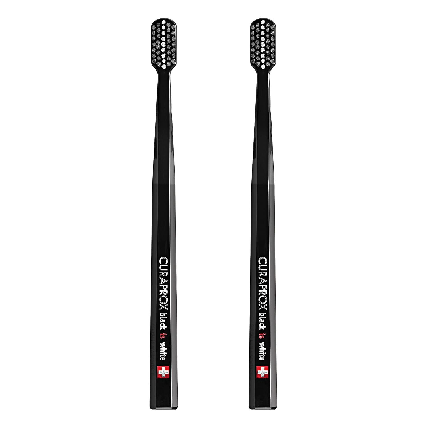 Curaprox Toothbrush Duo, Black and Black, 2-Pack, Whitening-Friendly | Angled Brush Head, Sensitive for Teeth and Gums, Gentle Plaque Removal, Activated Charcoal Filaments, Swiss Oral Care