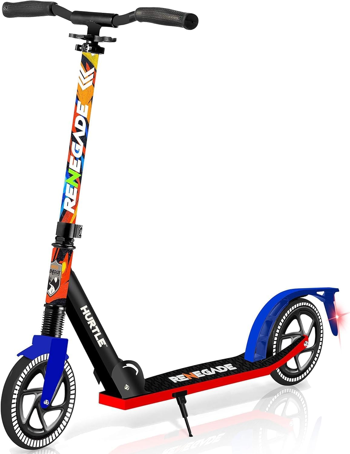 Hurtle Renegade Kick Scooter for Kids, Teenagers & Adults - 2-Wheel Folding Scooter with Adjustable T-Bar Handlebar - Alloy Anti-Slip Deck