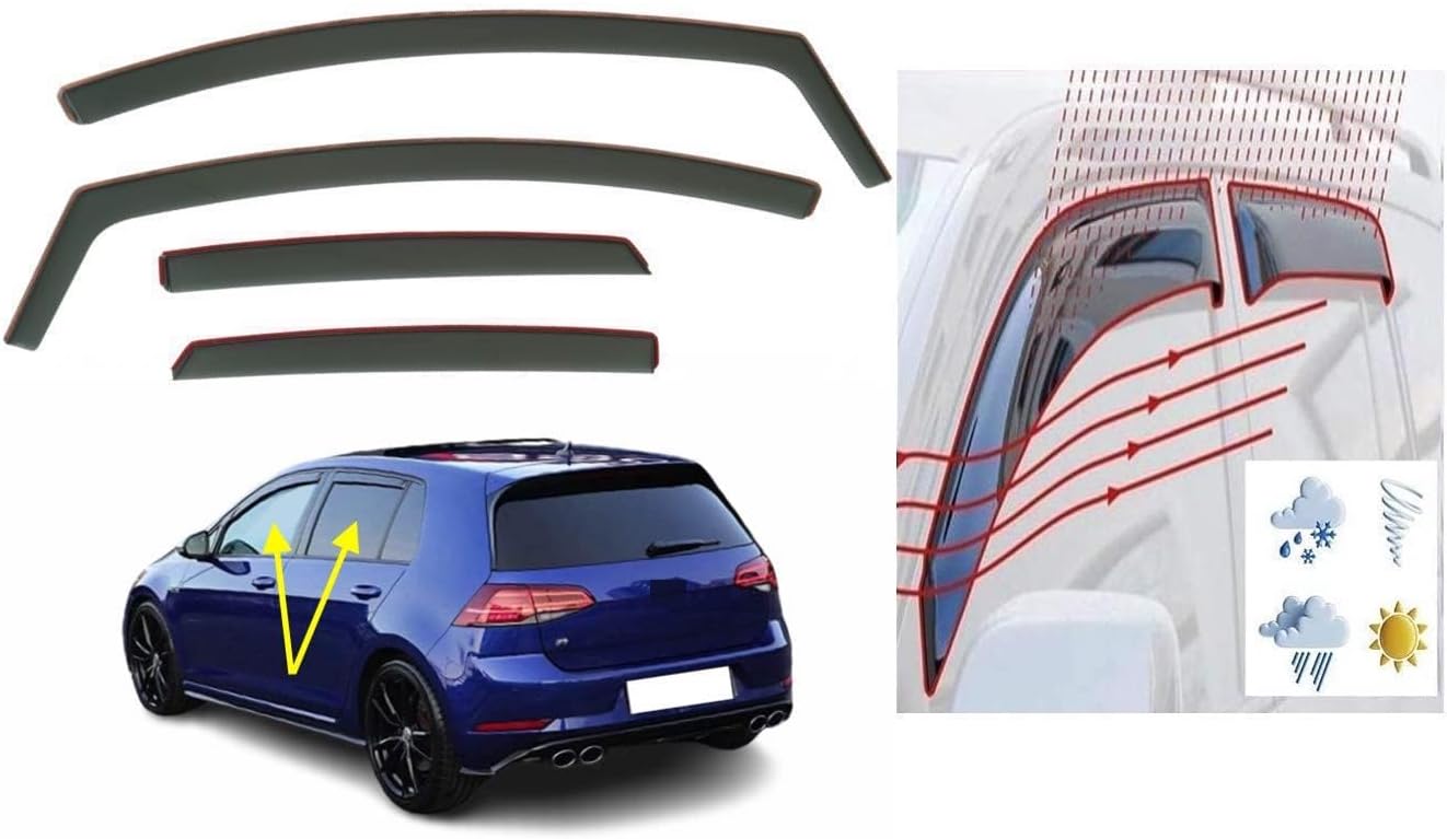 OEMM Set of 4 Wind Deflectors, In-Channel Type, Compatible with VW MK7 Volkswagen Golf 7 Hatchback 5 Door R GTI GT Models 2012-2020, Acrylic Glass Side Visors, Window Deflectors