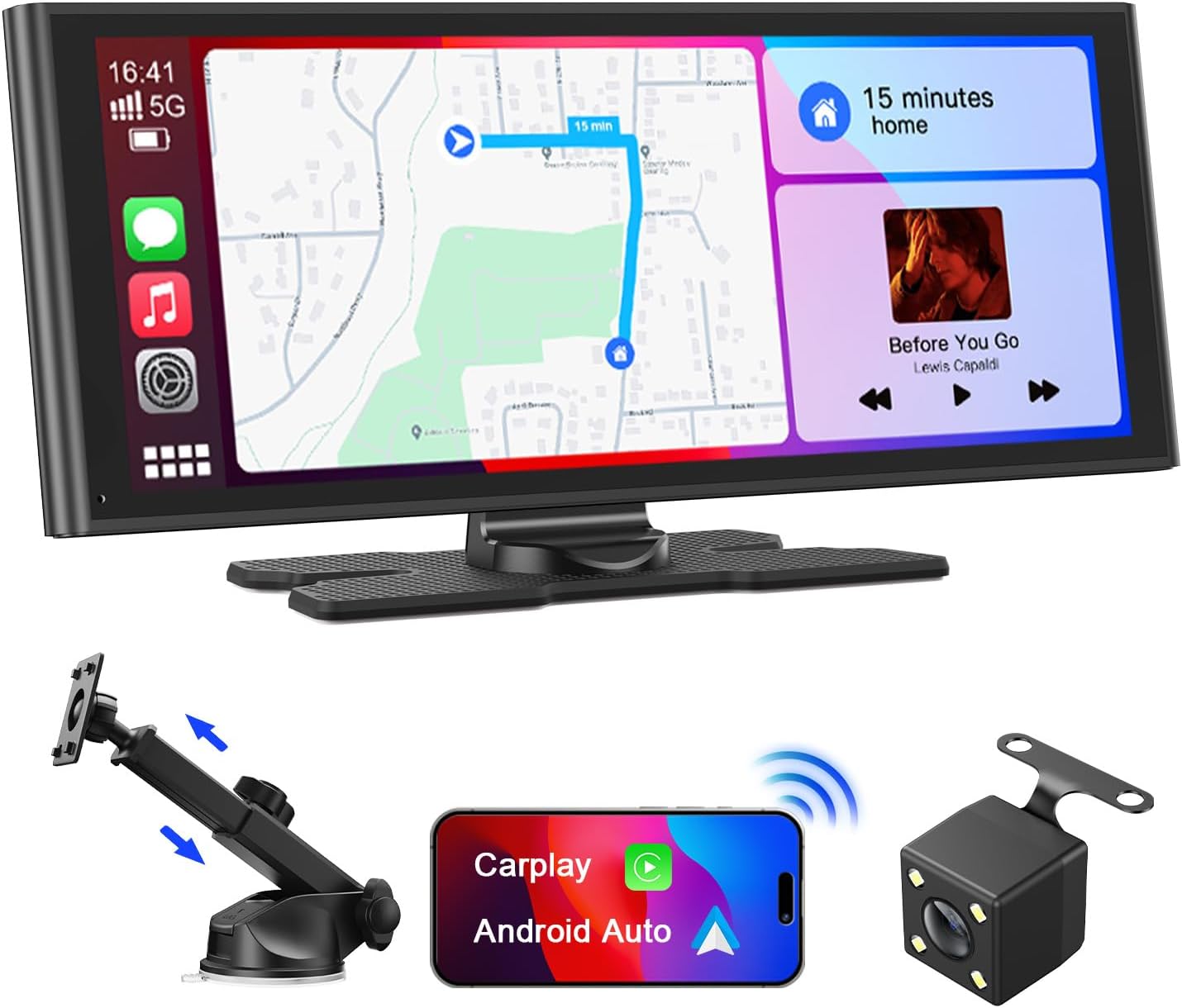 9.26" Carplay Android Auto Screen for Car with Backup Camera, Portable Touchscreen Wireless Stereo, GPS Navigation, Googel/Siri Voice Control, Audio Receivers with Bluetooth, AUX/FM, Mirror Link
