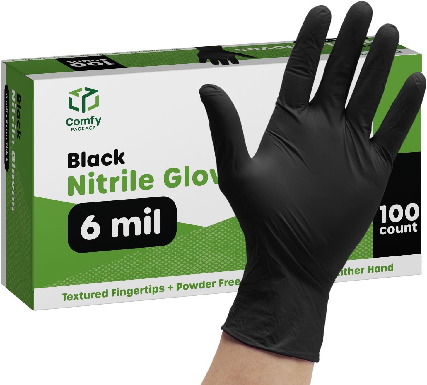 Comfy Package Black Nitrile HEAVY DUTY 6 Mil. Chemical Resistance, Latex & Powder Free, Textured Fingertips Disposable Gloves