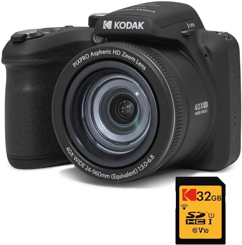 KODAK Pixpro Astro Zoom AZ405 Digital Bridge + SDHC Card KODAK Ultra High Speed U1 32 GB - Camera 20 Megapixel, X40 Zoom, Wide Angle, LCD, Full HD Video 1080p, OIS, AA Battery - Black
