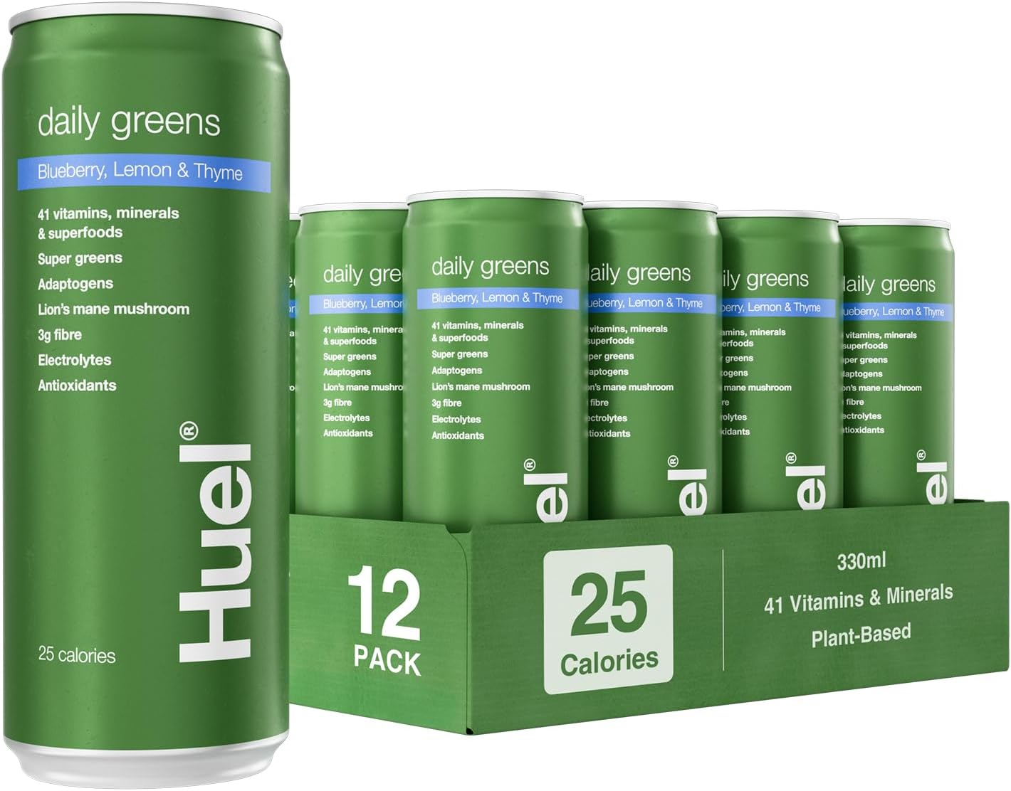 Huel Daily Greens Sparkling Drink, 12 x 330ml Cans, Blueberry, Lemon & Thyme Flavour, with Ashwagandha Root & Green Tea Extract, 41 Vitamins & Minerals, 3g Fibre, Only 25 Calories, Vegan