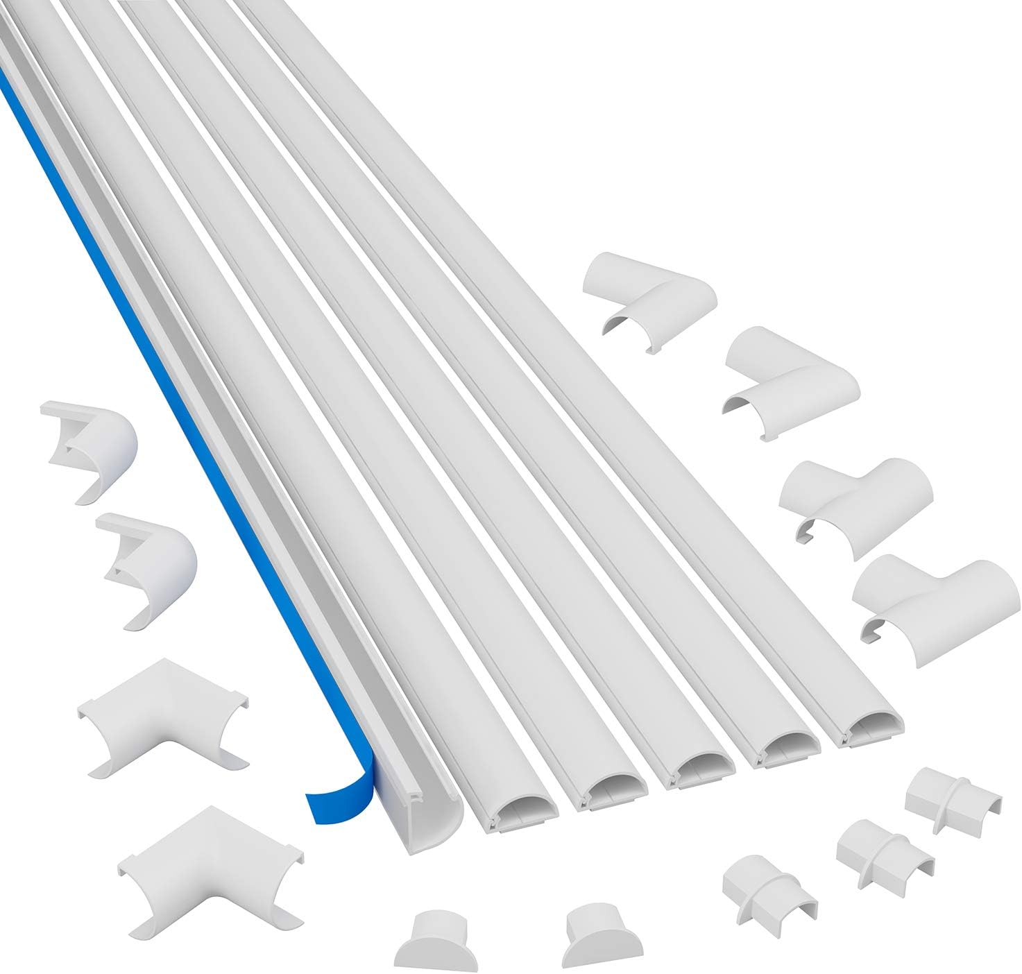 D-Line Small Cord Cover Kit, 30ft Self-Adhesive Wire Hider, Half Round Cord Covers, Paintable Cable Management - 6X 5ft Channels and 13 Accessories