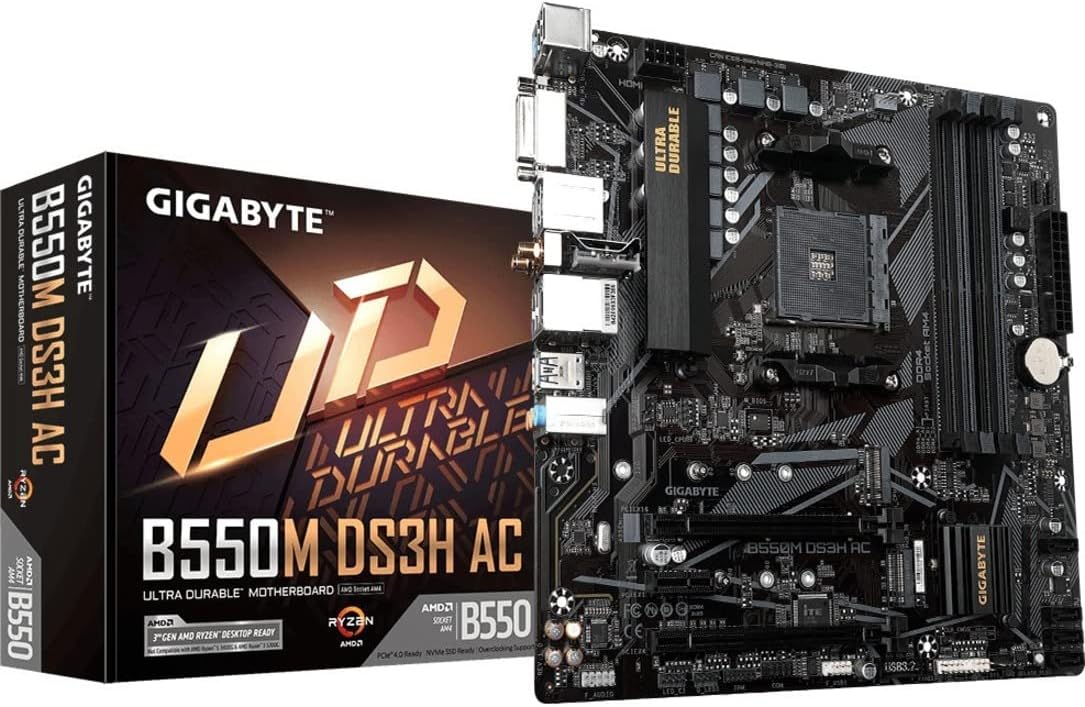 GIGABYTE B550M DS3H AC Motherboard, Supports AMD AM4 Ryzen 5000 Processors, Micro-ATX, DDR4, Dual M.2, SATA 6Gb/s, Intel 802.11a/b/g/n/ac, Realtek GbE LAN, PCIe 4.0