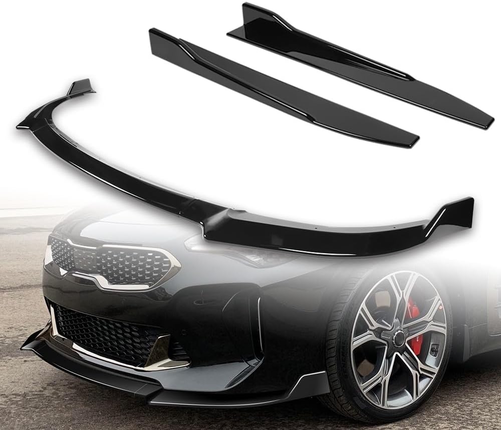5pcs Combo Front Bumper Body Kit Lip + Side Skirt Extensions Diffuser Compatible with 2018-2023 Kia Stinger 2019 2020 2021 2022 (Painted Black)