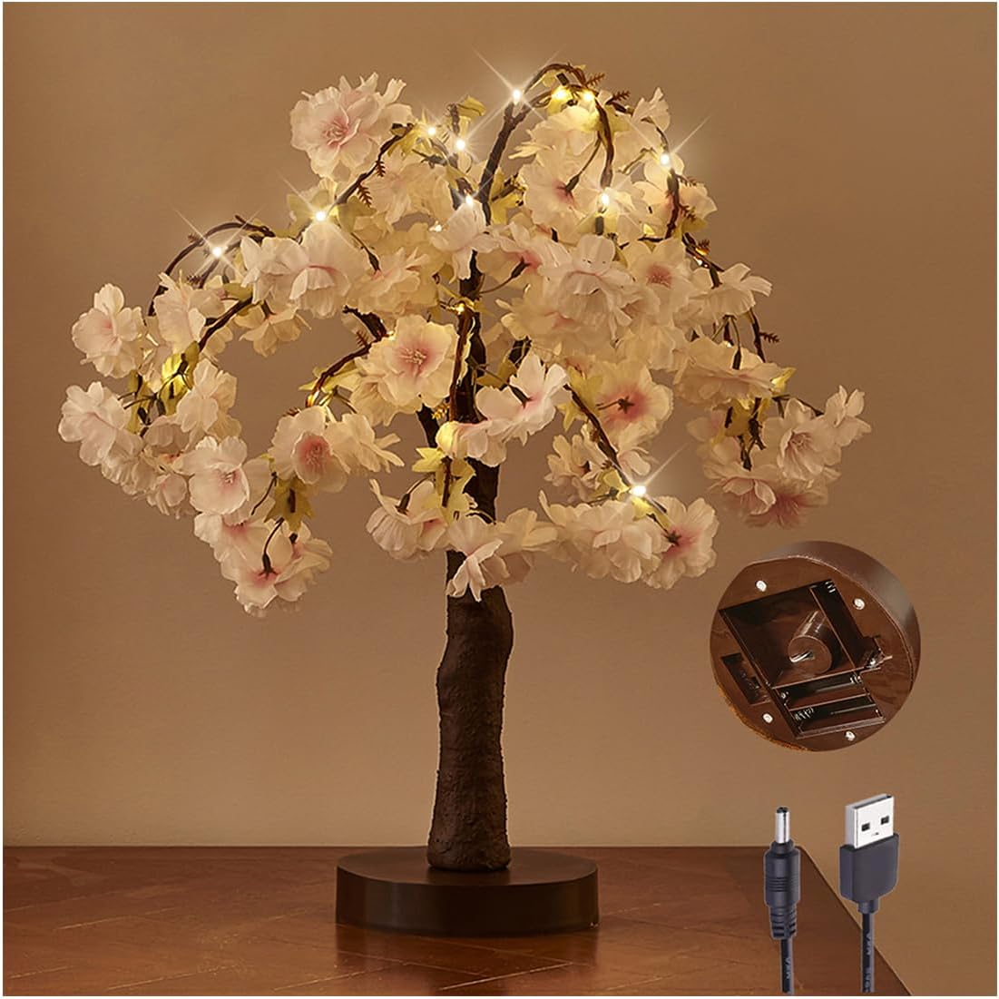 Hairui Lighted Cherry Blossom Tree Battery Operated 18IN 40 Warm White LED Artifical Bonsai Tree with Timer USB Plug for Wedding Party Spring Christmas Home Decoration