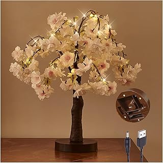 Hairui Lighted Cherry Blossom Tree Battery Operated 18IN 40 Warm White LED Artifical Bonsai Tree with Timer USB Plug for Wedding Party Spring Christmas Home Decoration