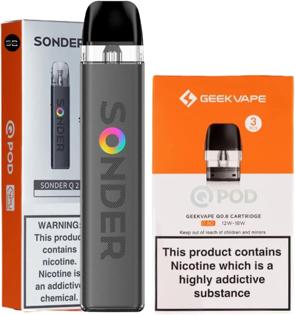 Geekvape Sonder Q2 Vape Kit (Midnight Black + 3 Pack Q Pods 0.8Ω) - 10 Colours To Choose From 30W/1350 mAh Battery Output, Compatible with Geekvape Q Pods - No Nicotine