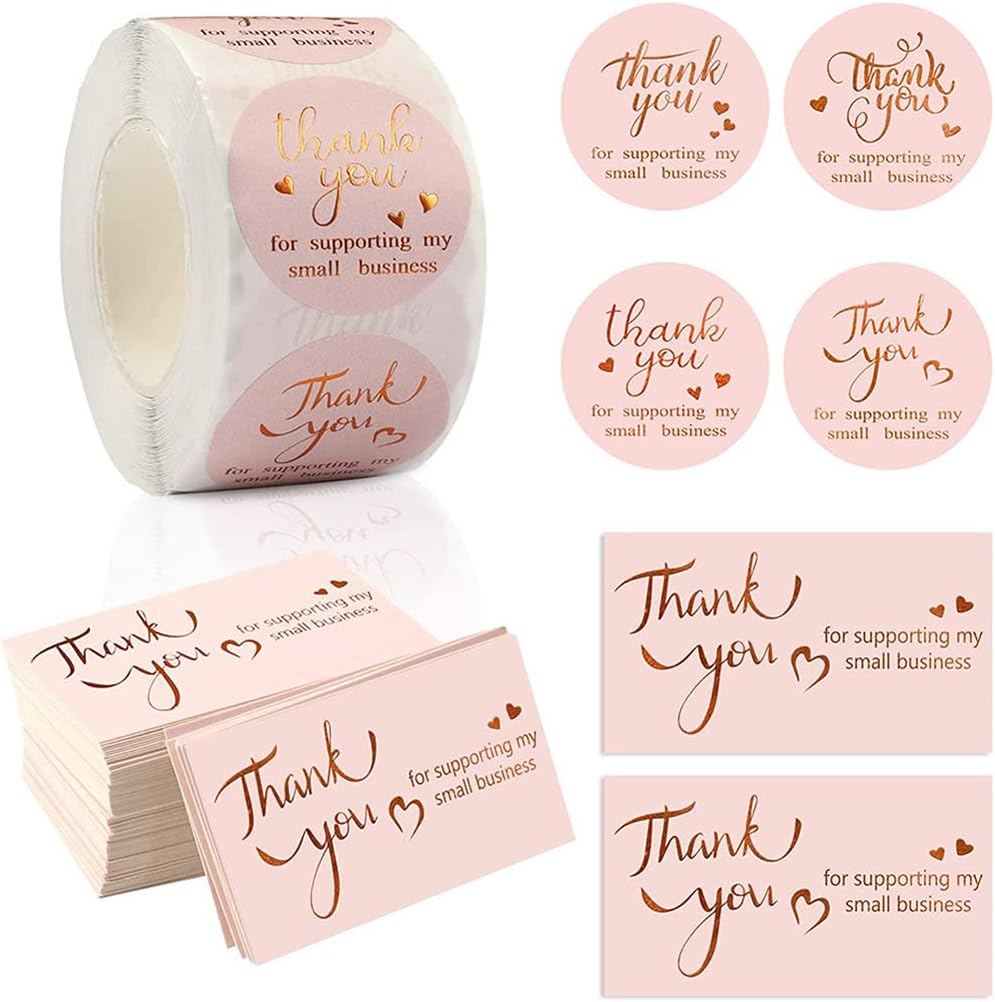 550PCS Thank You Business Card, 50PCS Gold Foil Thank You for Supporting My Small Business Cards 500PCS 1.5” Thank You Stickers (550)