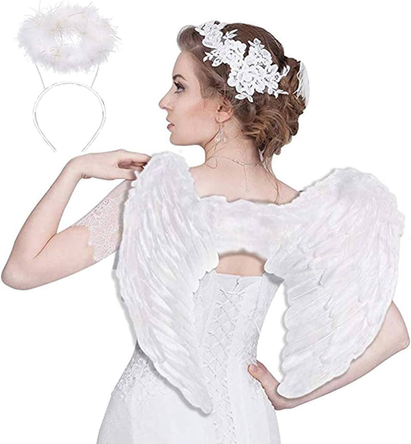Angel Wings and Halo Headband Kids Girls, White Black Feather Wings for Children Adult