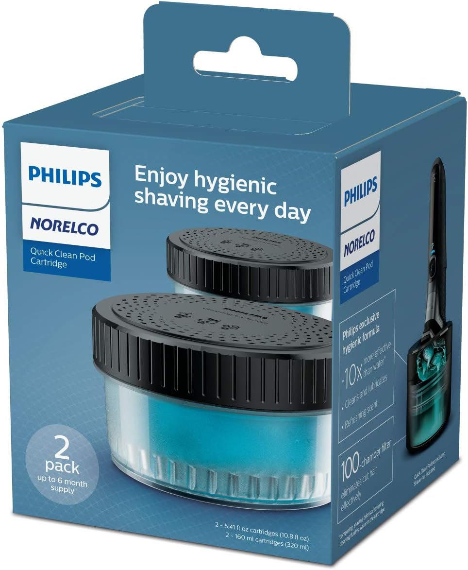 Philips Norelco Quick Clean Pod Cartridge, Easy Cleaning of Your Electric Shaver, Alcohol Free and Skin Friendly Formula, 2 Pack, Model CC12/52