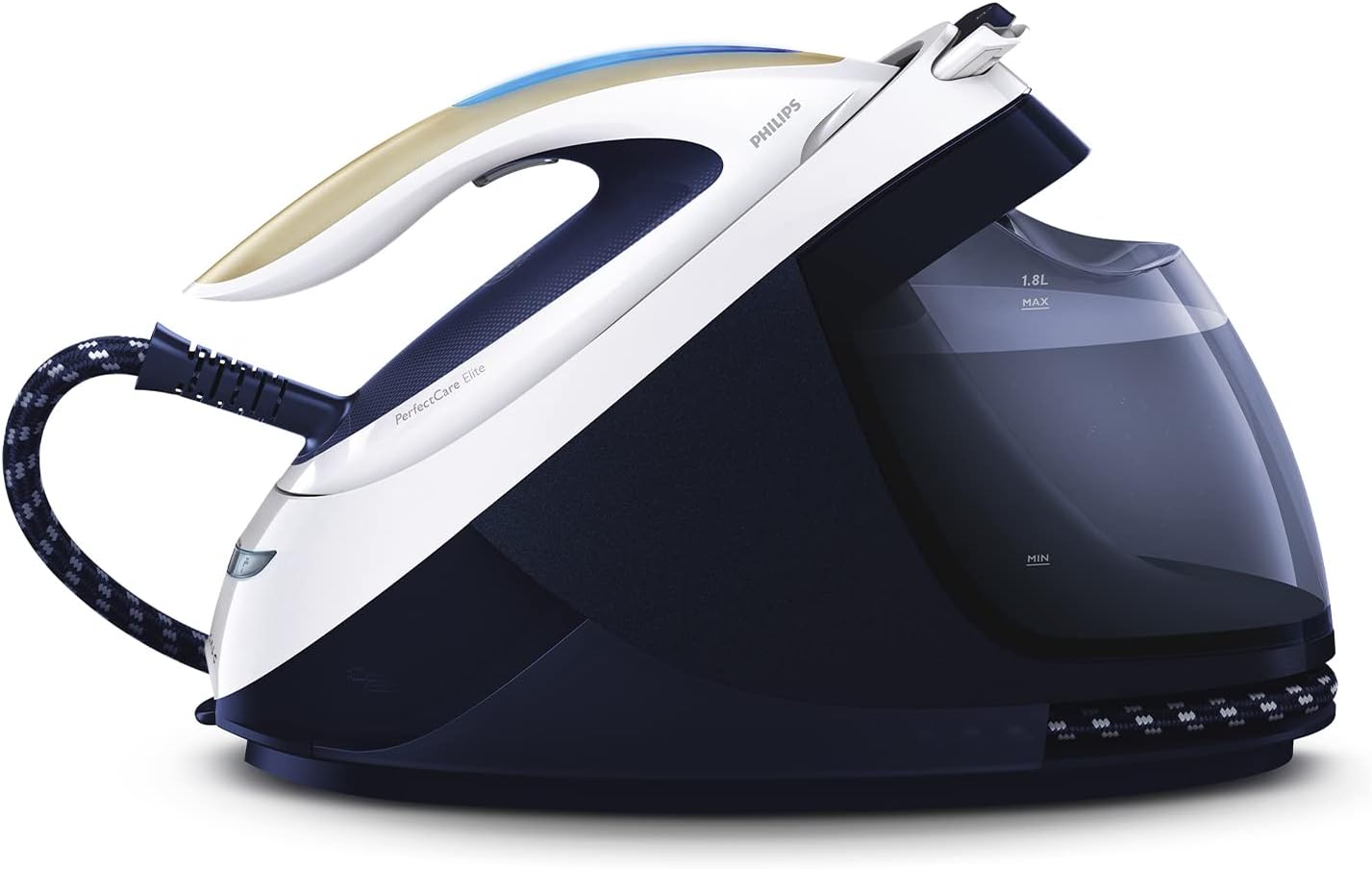 Philips PerfectCare Elite Steam Generator Iron – Cut Ironing Time in Half with 6.7 Bar Pressure, 470g Steam Boost, No Settings Needed, 1.8L Tank for 2H Use, Vertical Steam (GC9630/20)