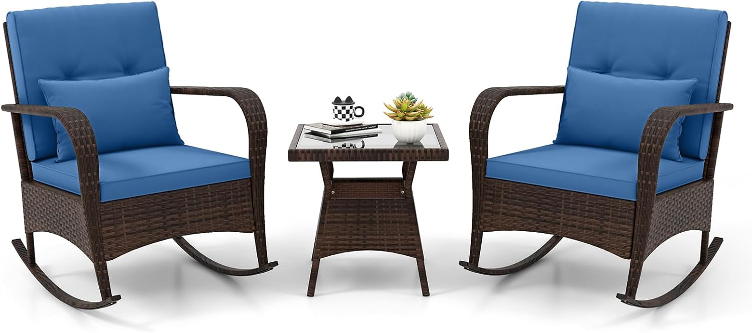 ORALNER 3 Pieces Patio Furniture Set, Outdoor Wicker Rocking Chairs with Cushions, Pillows, Glass Coffee Table, Rattan Bistro Rocker Set for Balcony Front Porch Poolside Garden Deck Yard (Navy)