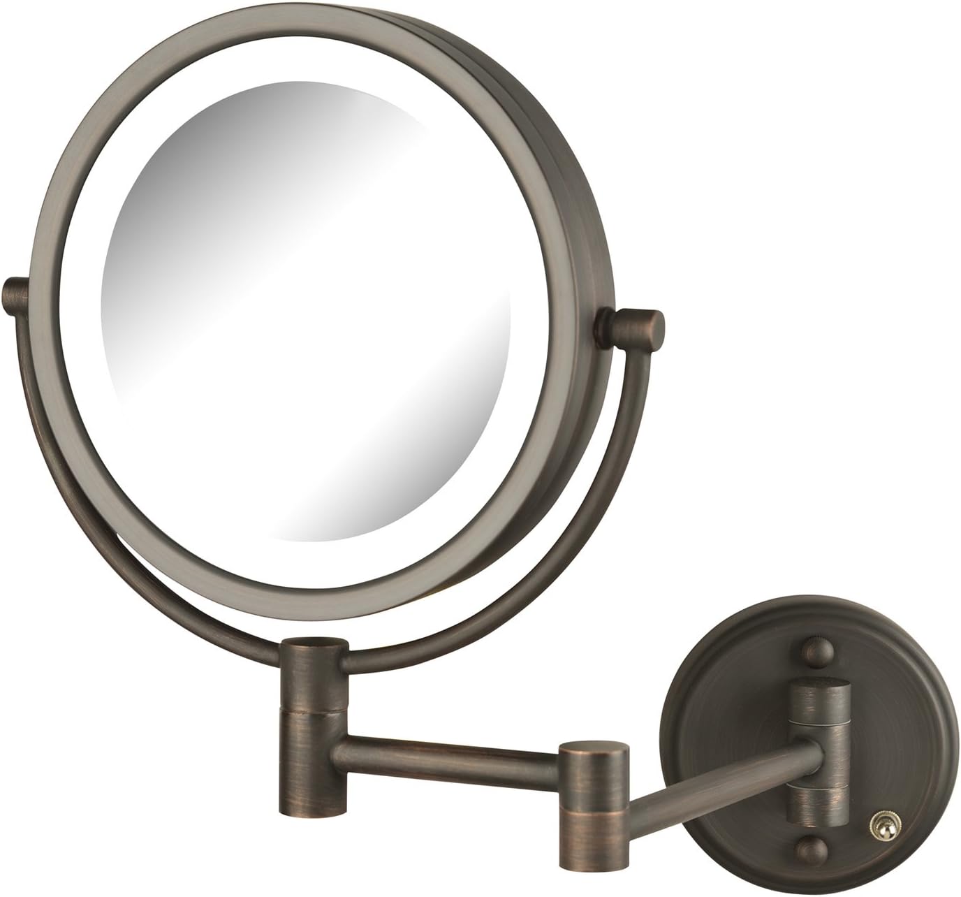 JERDON Wall Mounted Bronze Finish Makeup Mirror with LED Light - 8X-1X Magnification-8.5” Diameter Mirror – Variable Light Settings - 13.5” Extension – Power Cord and Plug - Model HL88BZL