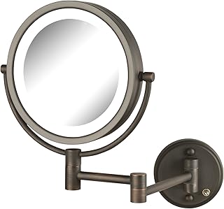 JERDON Wall Mounted Bronze Finish Makeup Mirror with LED Light - 8X-1X Magnification-8.5” Diameter Mirror – Variable Light Settings - 13.5” Extension – Power Cord and Plug - Model HL88BZL