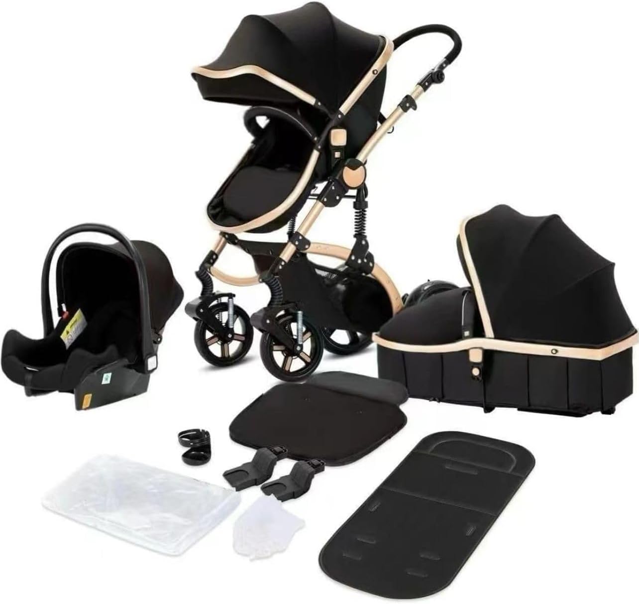 Baby Buggy, Baby Pram, Pushchair, 3 in 1 Travel System, Foldable Stroller, Lightweight Folding All in One Stroller, Portable Baby Carriage for Newborns and Toddlers Aluminium Frame Black - Rose Gold