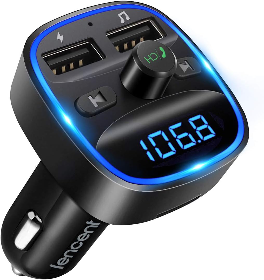LENCENT FM Transmitter, Bluetooth Wireless Radio Adapter Car Kit with 2 USB Ports Car Charger MP3 Player Support TF Card & Disk