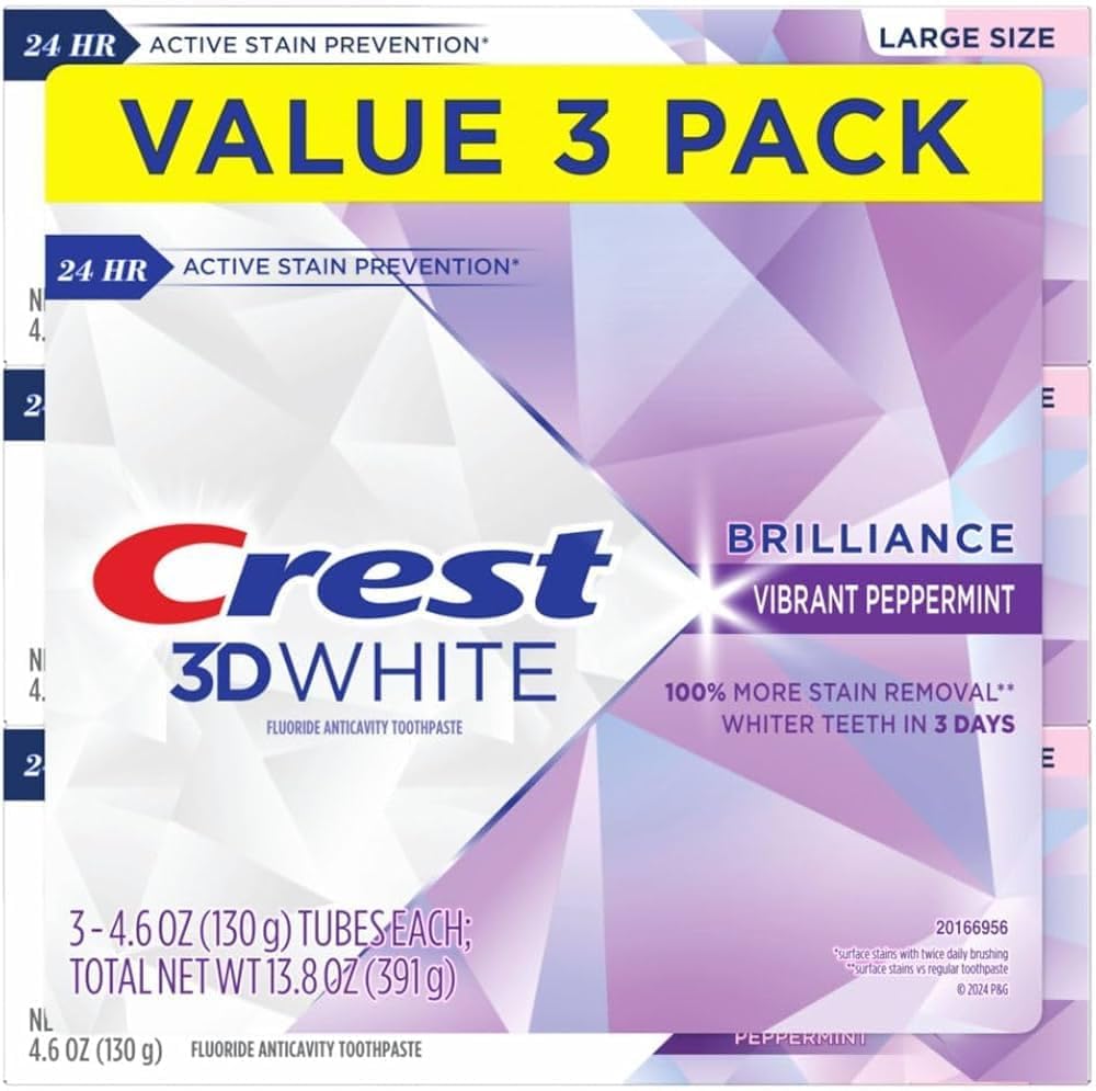 Crest Toothpaste 3D White Brilliance Vibrant Peppermint, 4.1oz (Pack of 3)