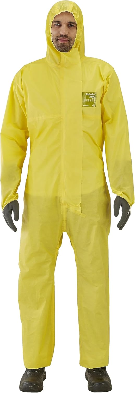 Ansell AlphaTec 2300 Model 132, Disposable Work Overall with Hood, Chemical Protection Type 3/4/5, Waterproof Coverall Suit, Industrial Safety Workwear, Men Women, Yellow