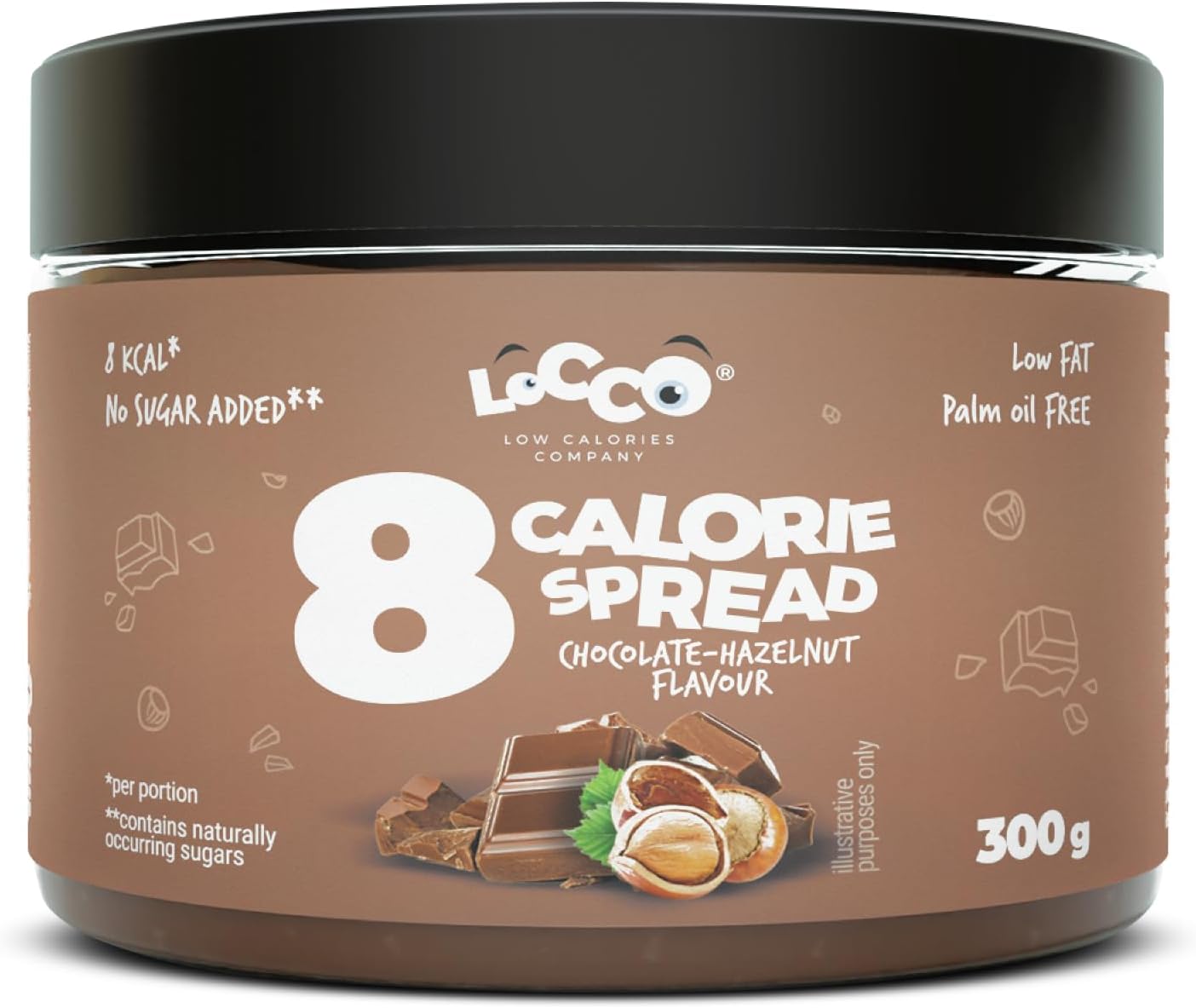 LoCCo Chocolate Hazelnut Spread Sugar Free Low Calorie Keto Gluten Free Healthy Diet Treat No Palm Oil 300g 8 Calories Per Serving