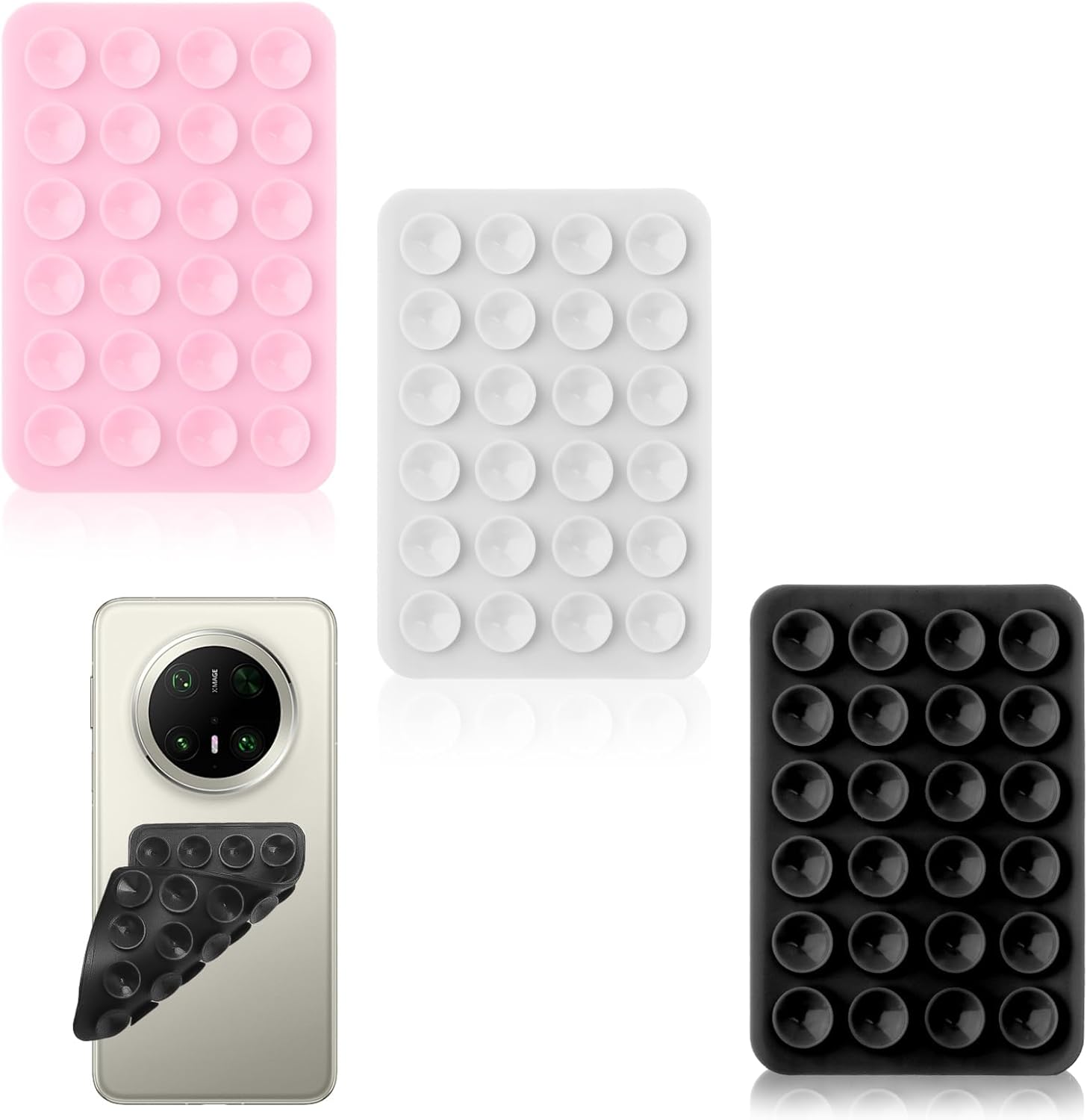 3Pack Silicone Suction Cup Phone Holder with Double Sided 24 Suction Grips Anti-Slip Hands-Free Mount for Shower Car Gym Selfies Videos Universal Sticky Pad for Glass Tile Mirror (Black/White/Pink)