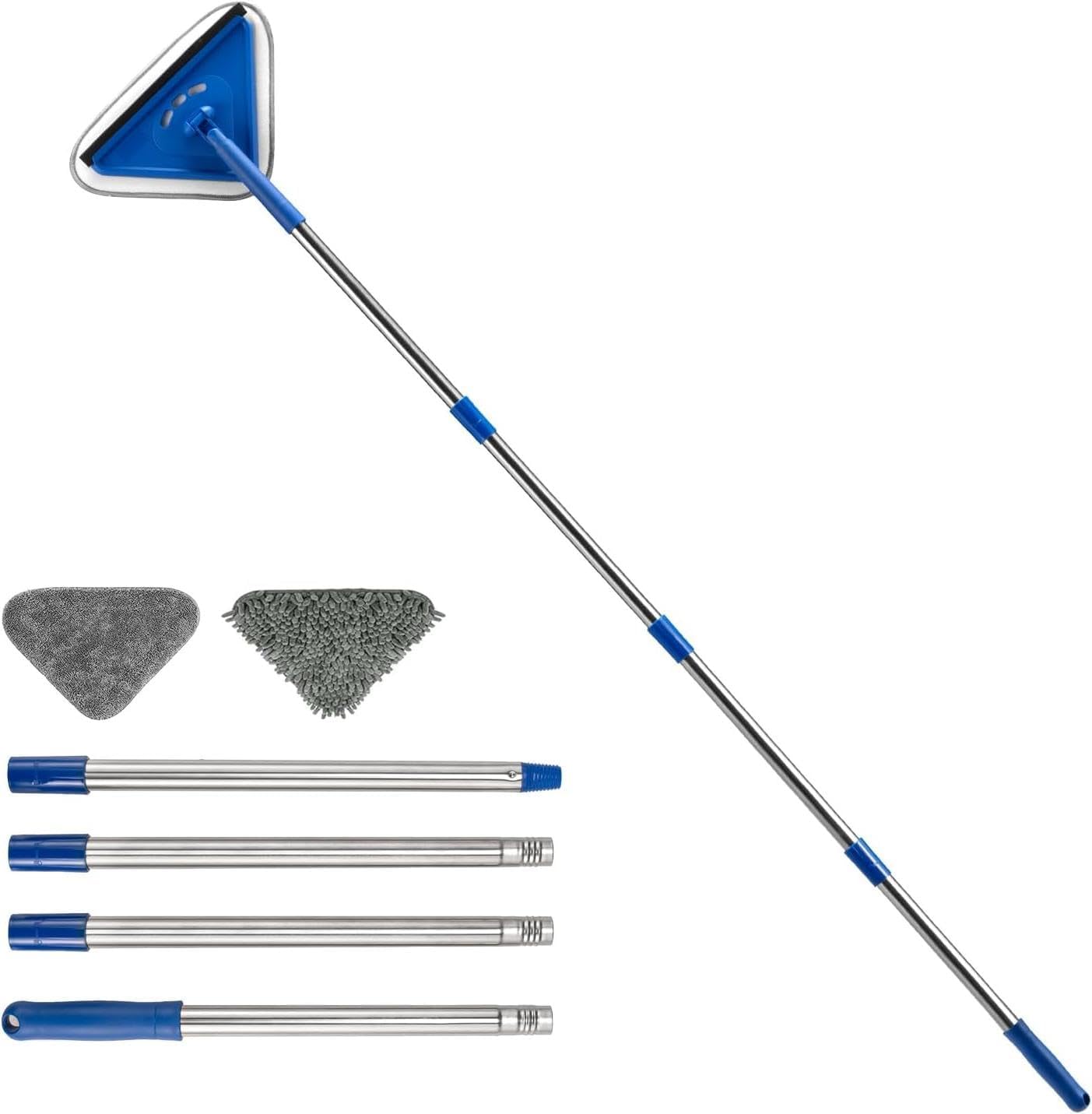 Bryquelin Triangle Wall Cleaner Mop with Stainless Steel Handle (31.5"-63") - Includes Edge Squeegee and 2 Reusable Microfiber Pads for Walls, Ceilings, Floors, Windows & Multi-Surface Cleaning