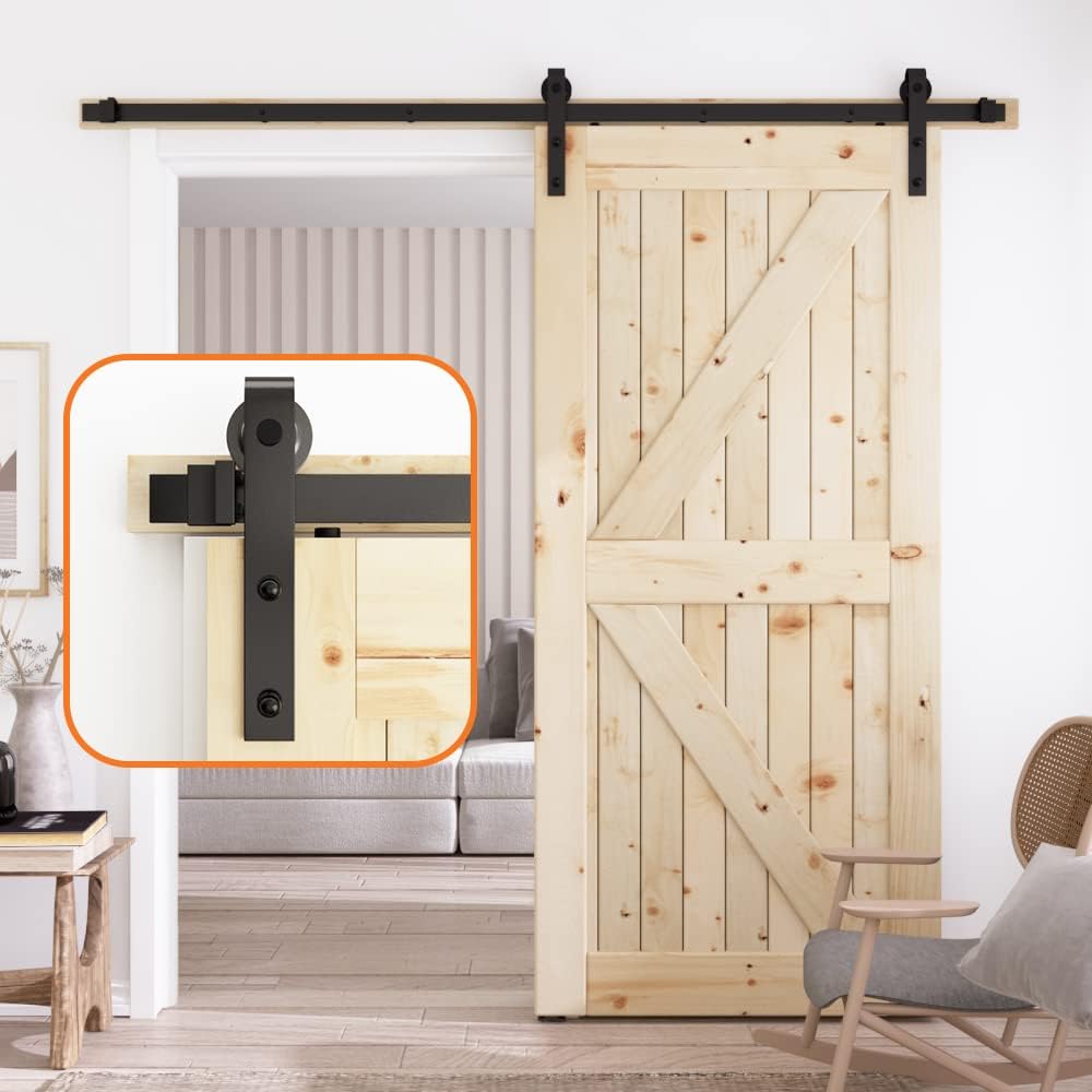 SKYSEN 6FT Sliding barn Door Hardware kit, Barn Door Track, 1/4” Thick Material- Combination Track- Smooth and Quiet- Easy to Install- Black (J Shape-5)