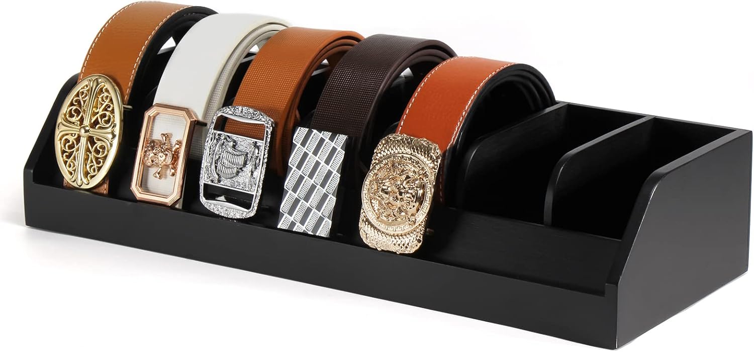 B4Life Belt Organizer-Father's day gift, 7 Compartments Belt Display Rack for Men, Bamboo Belt Holder for Closet and Drawer, Belt Display Case Belt Box Belt Storage Organizer for Wall Belt Hangers
