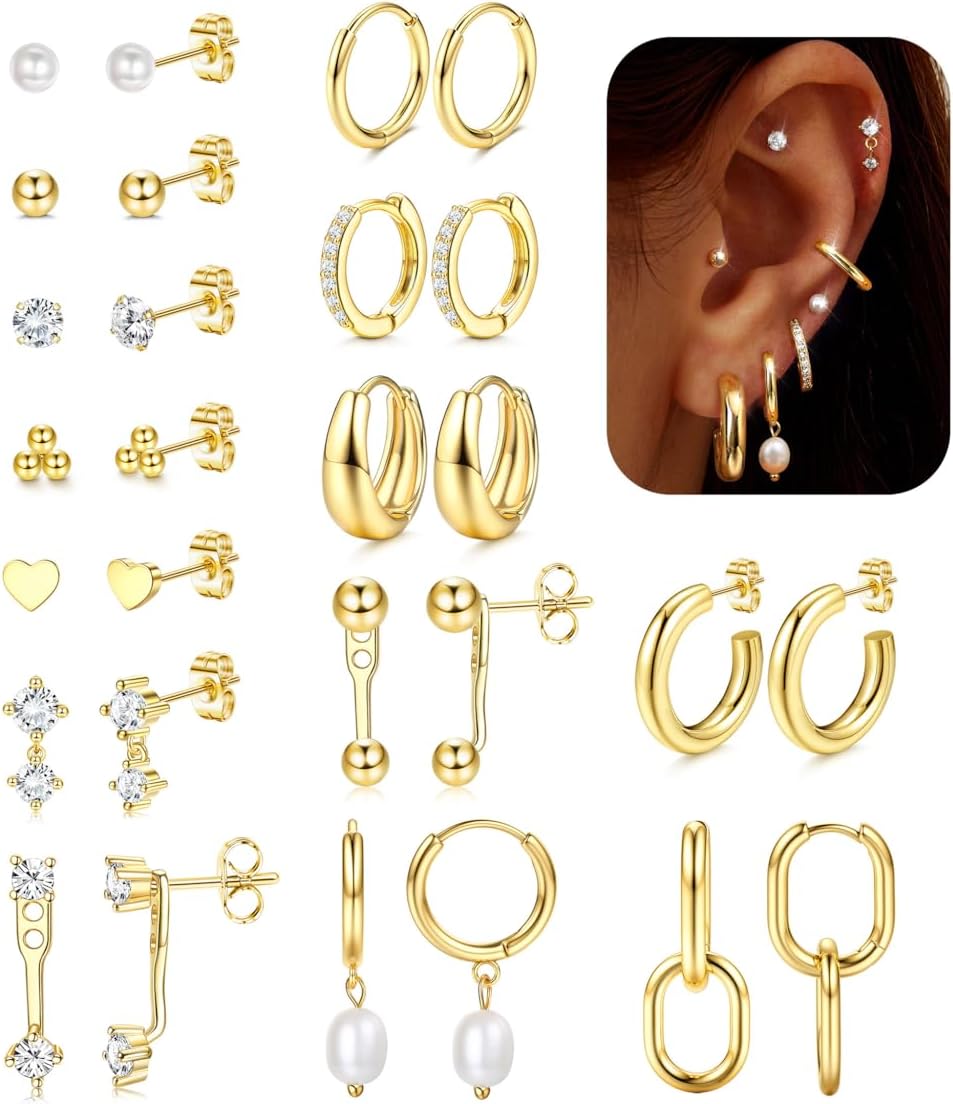 BESTEEL 14Pairs Small Gold Hoop Earrings Set for Women - 14K Gold Plated Hypoallergenic Lightweight Chunky Open Huggie Hoops Dainty Cartilage Stud Hoop Earring Stacks for Multiple Piercing