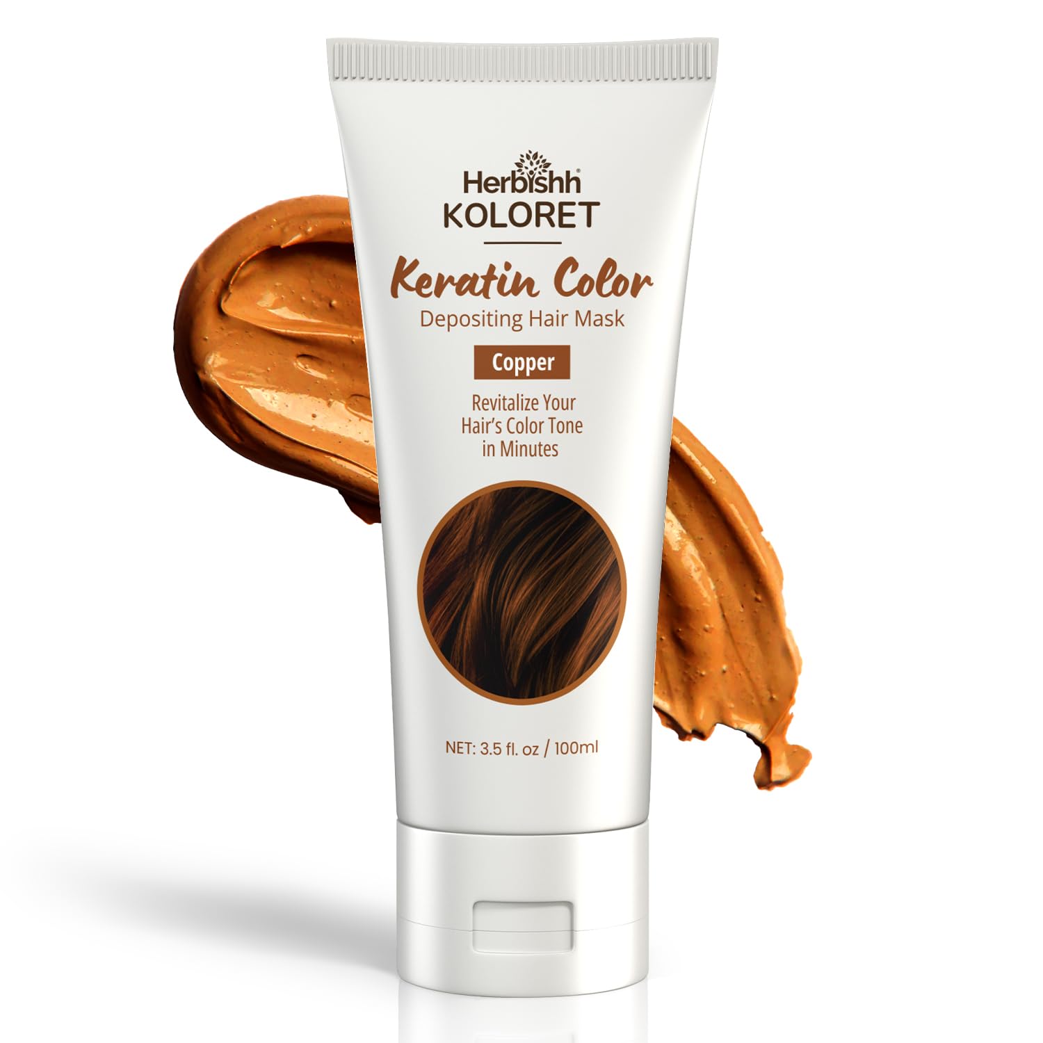 Herbishh Koloret Keratin Color Depositing Mask - 2-in-1 Deep Conditioner for Vibrant Refreshed Hair, Ideal for Dry Damaged Types, Salon-Worthy Shine at Home, Copper, 3.5 fl.oz