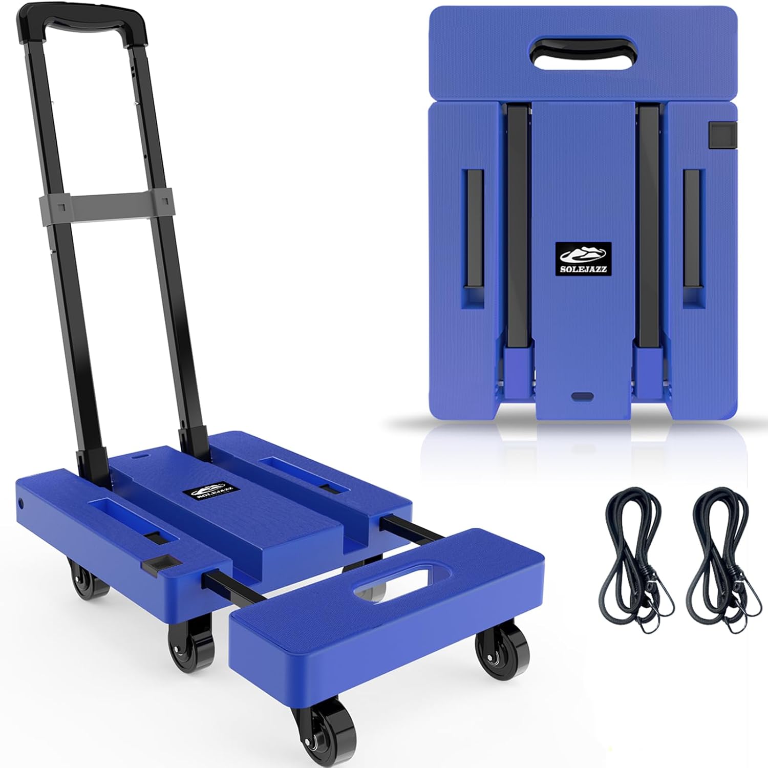 SOLEJAZZ Fold Up Portable Dolly, Folding Hand Truck for Moving, 230KG Trolley Dolly with 6 Wheels & 2 Bungee Cords for Luggage, Travel, Moving, Shopping, Office Use, Blue