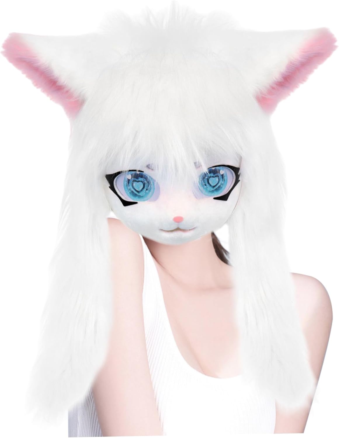Ssguopte Fursuit Head, Cartoon Furry Mask with Ears & Long Hair, 16x24 Inch Animal Head Mask for Cosplay, Halloween, Masquerade
