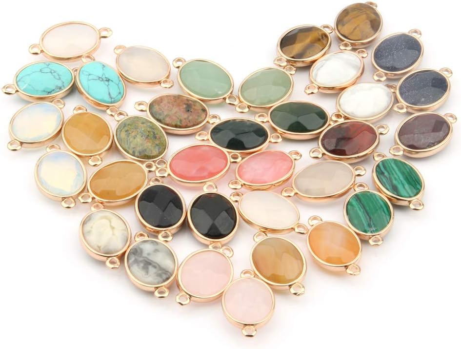 LHJ 10 Pcs Natural Stone Connectors Oval Shape Faceted Random Color Crystal Agate Pendant Charms Golden Plated for Necklace Bracelet Jewelry Making