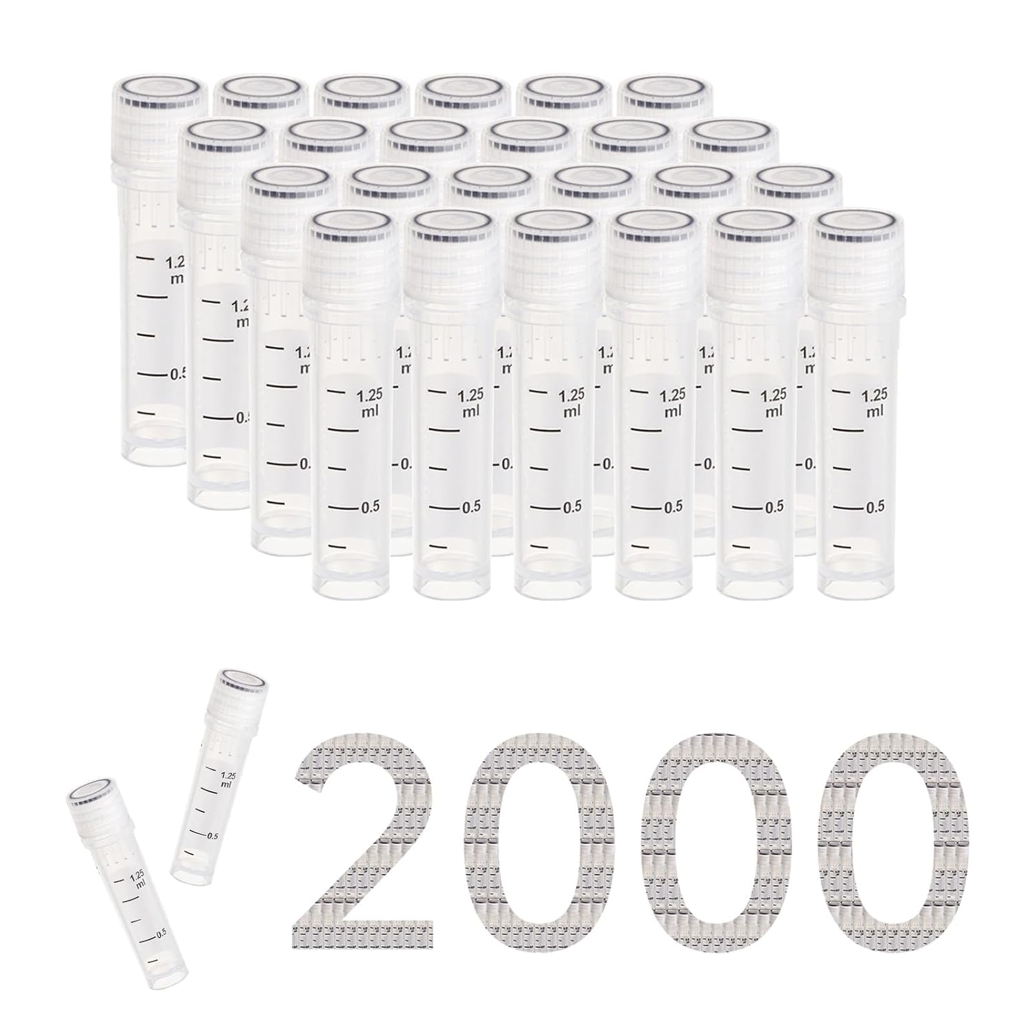 2ml Cryovials, Sterilization Cryo Tubes, Lab Vials with Caps, Cryotubes for Low Temperature Storage from -86°C to 121°C, Case of 2000