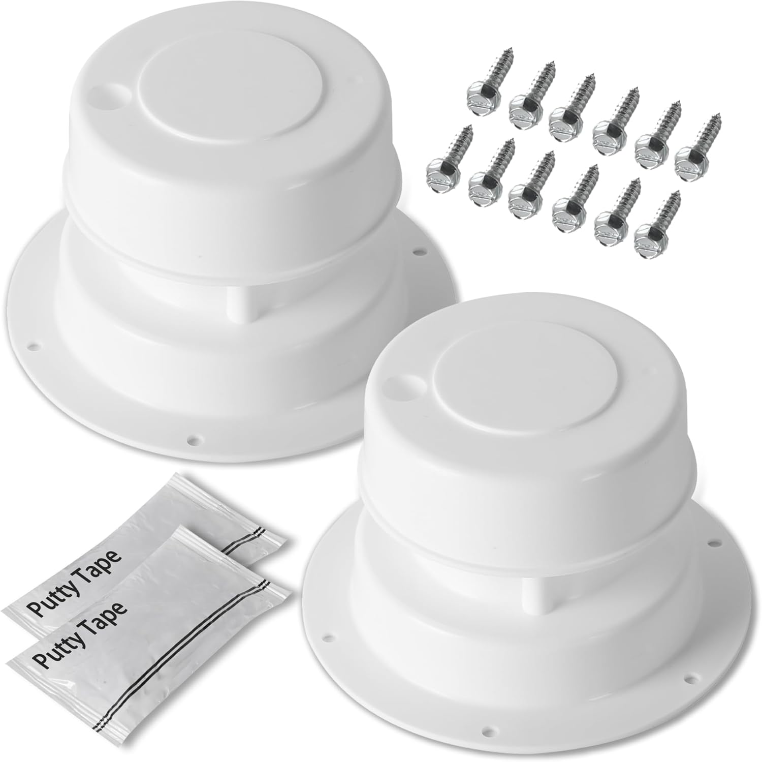 (2 Pack, White RV Roof Vent Cover Kits with Putty Tape and Screws, Camper Vents Cap for Trailer RV Roof Vent Cover Replacement, Camper Plumbing Vents Caps Kit for 1" to 2-3/8" OD Pipe