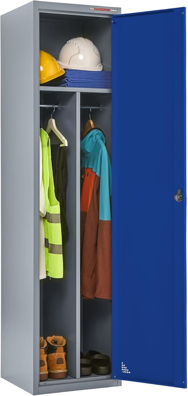 The Workplace Depot Clean/Dirty Metal Locker, Lockable Heavy Duty Steel Storage Locker with Dual Compartments & 2 Hanging Rails (Blue)