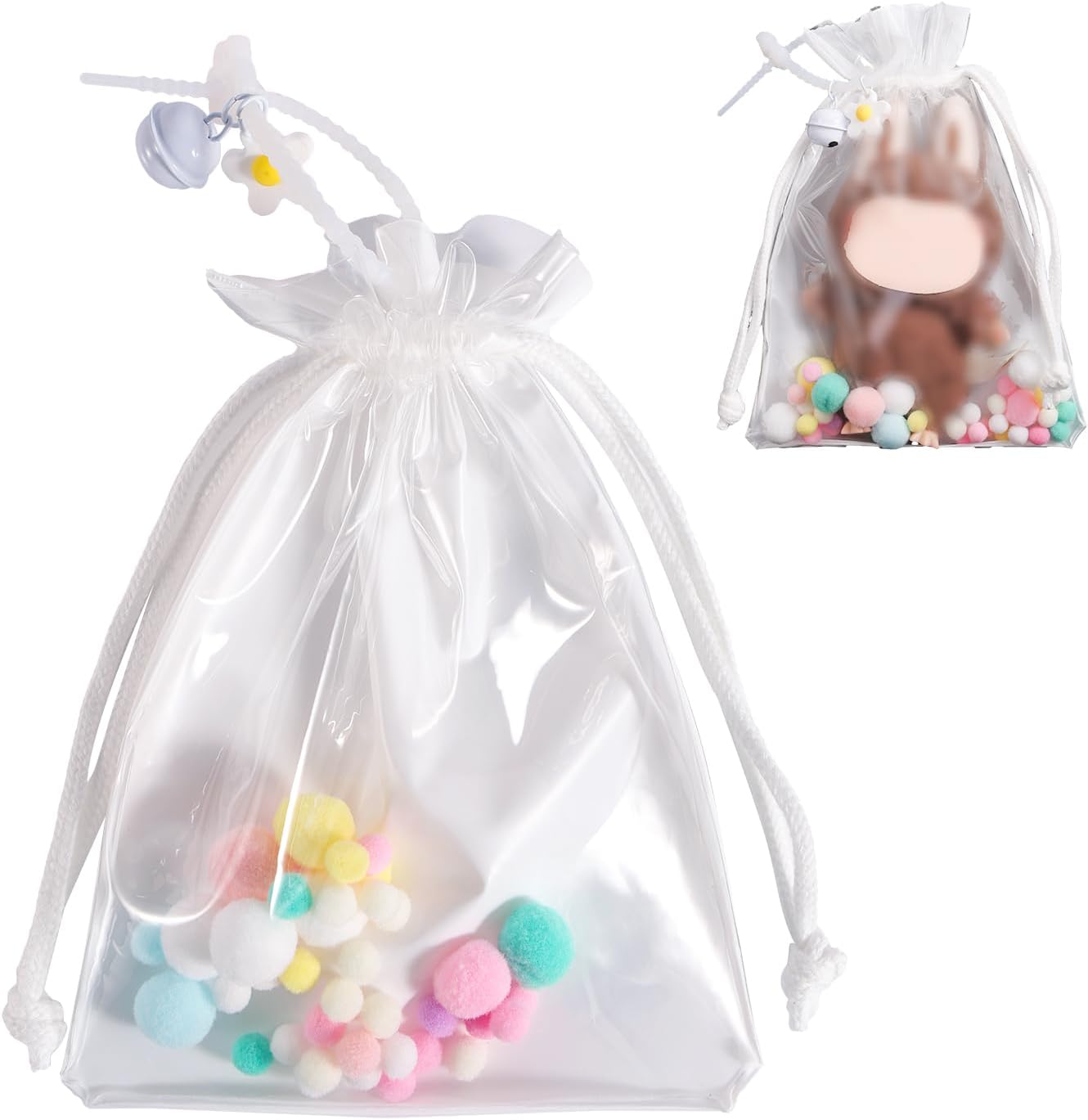 Clear Doll Display Bag, Portable Protective Case with Pom Poms Flower Bell Rope Hanging Carrying Pouch Drawstring Organizer Protector Cover Accessories for Collectibles Figures & Plush (White-Large)