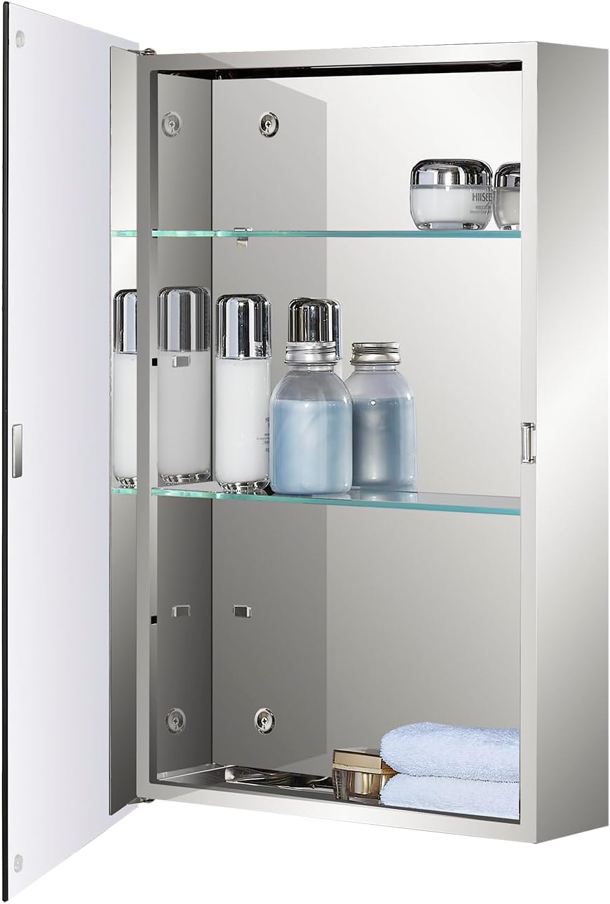 Fundin Stainless Steel Bathroom Mirror Cabinet, Single Door with Adjustable Glass Shelves, Surface Mounted, 40cm W x 60cm H, Mirrored Finish