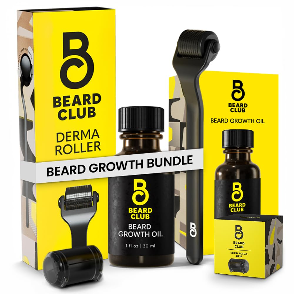 The Beard Club Derma Roller & Beard Growth Oil - Microneedling Roller with 540 Titanium Microneedles & Cedar, Sandalwood Beard Oil