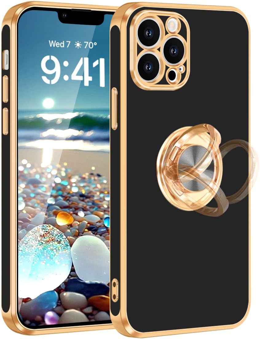 Fingic for iPhone 13 Pro Max Case,for iPhone 13 Pro Max Case with Ring Stand Holder,360°Rotatable Magnetic Stand Shiny Plating Gold Edge Slim Soft TPU Shockproof Protective Case for Women Men,Black